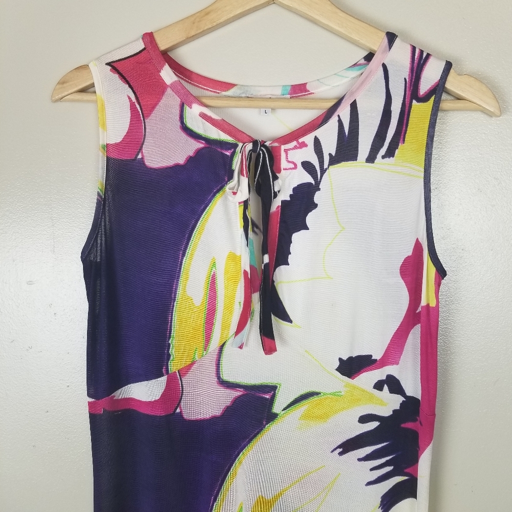 CHRISTIAN LACROIX Y2K Floral Jersey Knit Dress Keyhole Neck Tie Flowy Gauzy US L - Picture 2 of 14